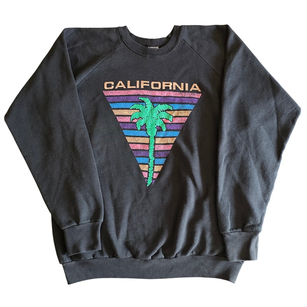 Vintage 80s Fruit of the Loom California Palm Tree Sweatshirt Black XL Synthwave